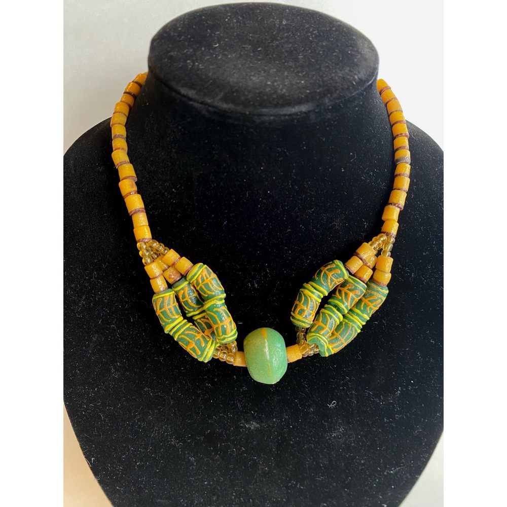 Artisan African Trade Bead Necklace Yellow Green Krobo Glass Statement 17 Inch